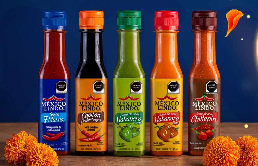 Las 5 salsas México Lindo: 7 Mares, Capitán Picante Negra, Habanero Verde, Habanero Rojo y Chiltepín